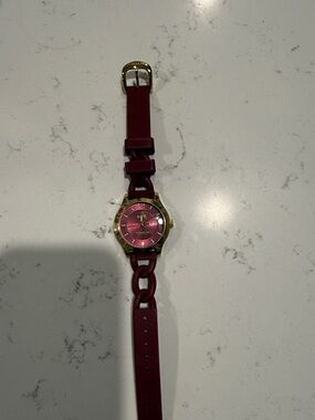 COACH Burgundy Dial Gold-Tone Watch with Silicone Strap